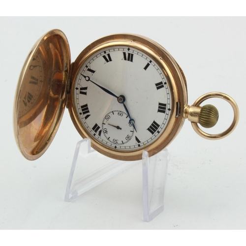 250 - 9ct Gold full hunter pocket watch, Roman numerals to white enamel dial, with subsidiary dial, hallma... 