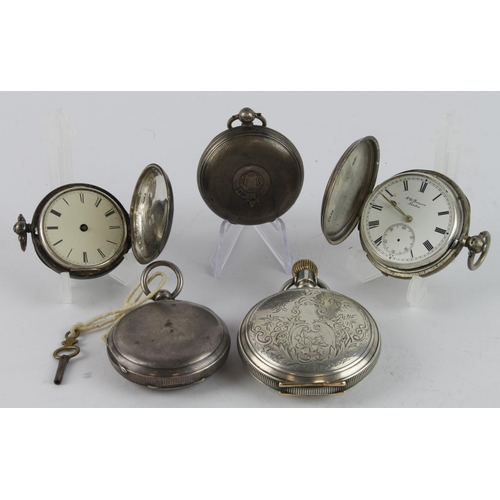 251 - Five silver cased full-hunter gents pocket watches. Mostly key-wind with one stem-wind, various dial... 