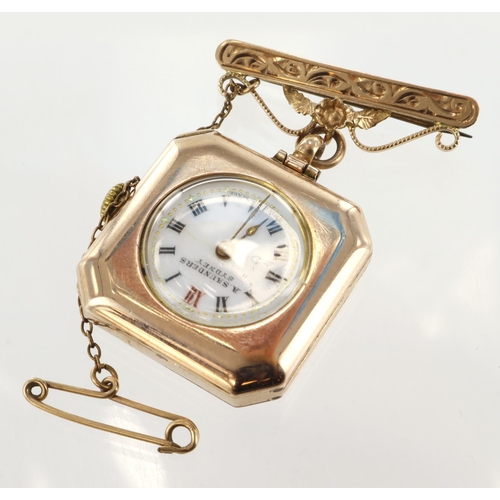 254 - 9ct cased manual wind fob watch by A Saunders, London import mark, 1915. The white enamel dial with ... 