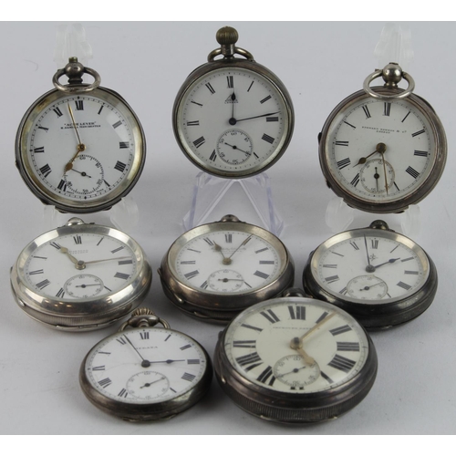 255 - Eight silver cased open face gents pocket watches. Mostly key-wind with two stem-wind, all with sign... 