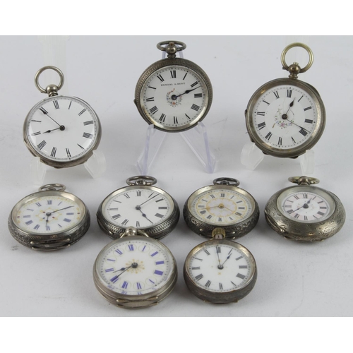 256 - Nine silver cased open face pocket/fob watches. Mostly key-wind with one stem-wind, all with Roman n... 