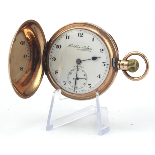 258 - Gents 9ct full hunter pocket watch. Hallmarked Chester 1930. The signed white dial by Thos Russell w... 