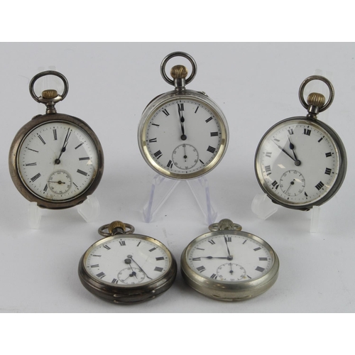 259 - Five silver cased open face gents pocket watches. All stem-wind with the white dials, Roman numerals... 