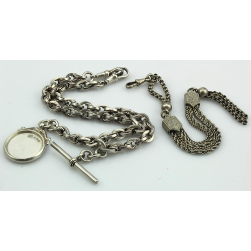 264 - Two silver/tests silver pocket watch chains, vintage double Albert chain with fob and T-bar, length ... 