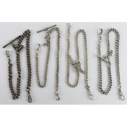 267 - Four silver double Albert pocket watch chains, all curb link with T-bars attached, dog clip fittings... 