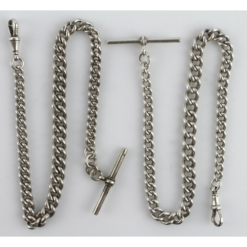 274 - Two silver single Albert pocket watch chains, all graduated curb link with T-bars attached, dog clip... 