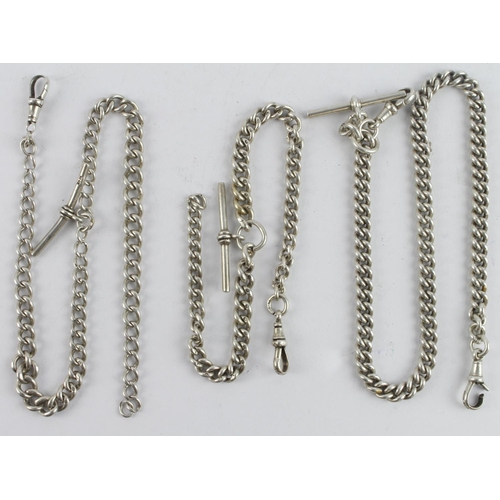 277 - Three silver curb link pocket watch chains, all with stamps to each link and T-bars attached. Gross ... 