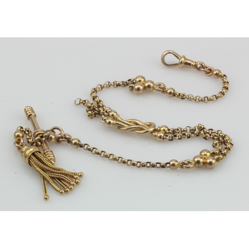 280 - Yellow gold (tests 9ct) vintage watch chain, includes T-bar and tassel, foliate and knot details, wi... 