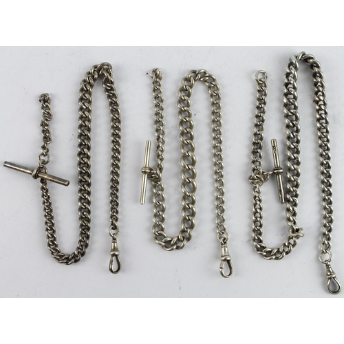 283 - Three silver single Albert pocket watch chains, all graduated curb link with T-bars attached, dog cl... 