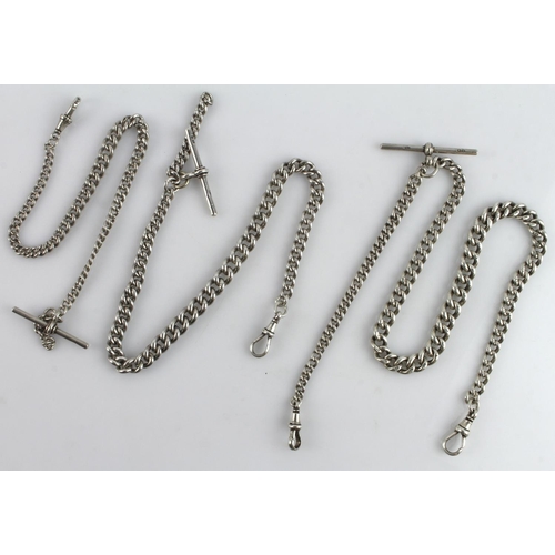 285 - Three silver single Albert pocket watch chains, all graduated curb link with T-bars attached, dog cl... 