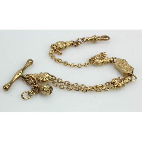 286 - 9ct yellow gold decorative pocket watch chain with T-bar, length 8.5