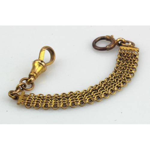 288 - Yellow gold (tests 15ct) vintage mesh pocket watch chain, with dog clip and bolt ring, length 4.5