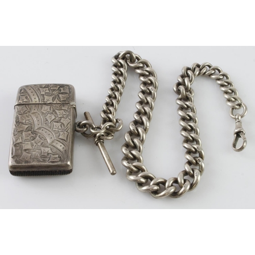 291 - Silver vintage pocket watch chain, graduated curb links with T-bar and vesta case, length 14