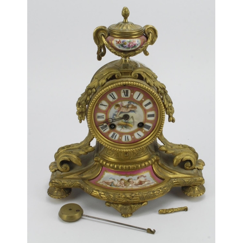 296 - French ormolu mantel clock, enamel dial decorated with cherubs, Roman numerals to dial, movement sta... 