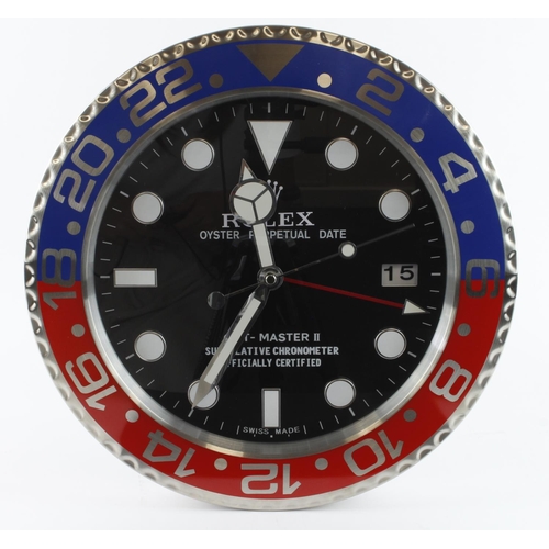 299 - Advertising Wall Clock. Red & blue (Pepsi) 'Rolex' style advertising wall clock, black dial reads 'R... 