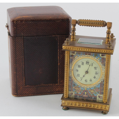 306 - Gilt brass carriage clock with cloisonne decoration, Arabic numerals to dial, height 11cm approx. (w... 