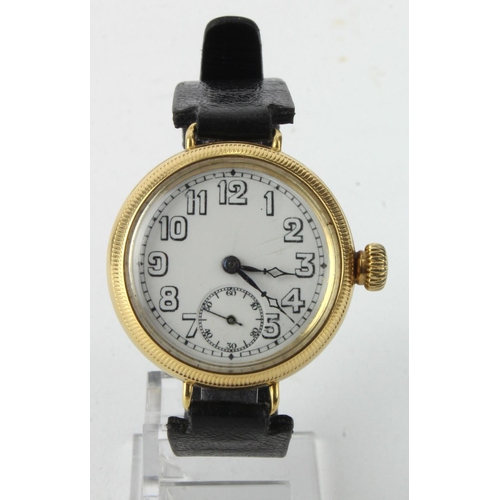 31 - Gents 18ct cased wristwatch in a Dennison case, hallmarked Birmingham 1919. The white dial with arab... 