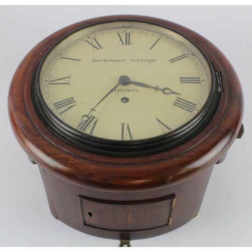 310 - Mahogany cased fusee movement wall clock, dial reads 'Bartholomew Arkwright, London', pendulum prese... 