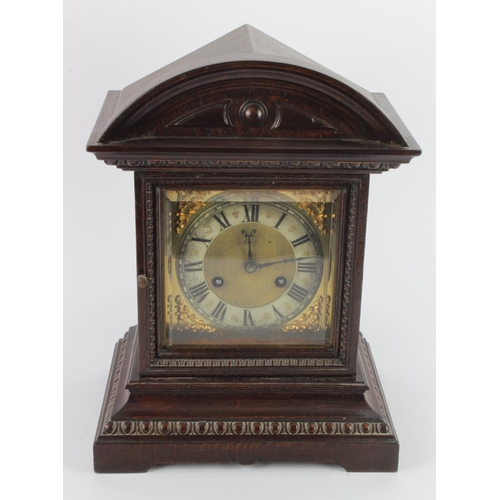 311 - Mahogany cased mantel clock, gilt dial with Roman numerals to silvered chapter ring, pendulum presen... 