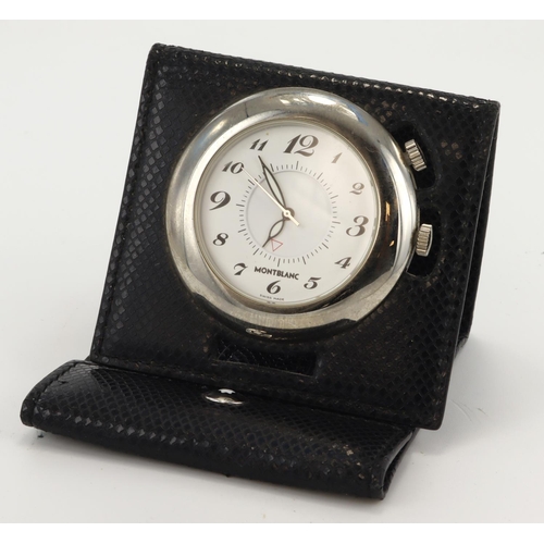 313 - Montblanc travel alarm case, contained in original leather casing, dial diameter 31mm approx.