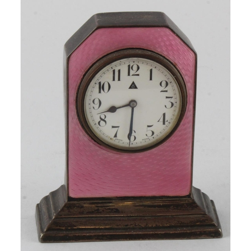 316 - Small silver & pink enamel desk clock, hallmarked 'I.M.H., Birmingham 1920', height 90mm approx. (wo... 