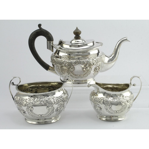 333 - Silver three piece tea set, comprising teapot, sugar bowl & milk jug, hallmarked 'TH, Birmingham 190... 