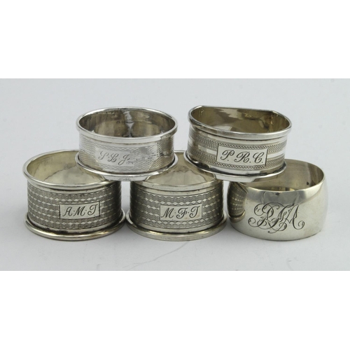 336 - Five silver napkin rings, various British hallmarks. Total weight of items - 2oz approx.