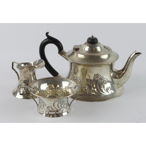 340 - Silver three piece tea set, comprising teapot, sugar bowl & milk jug, hallmarked 'J&C, Birmingham 19... 