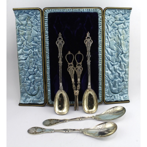 342 - Silver plate pair of ornate Victorian fruit spoons by Elkington & Co., both bearing marks for 1878, ... 