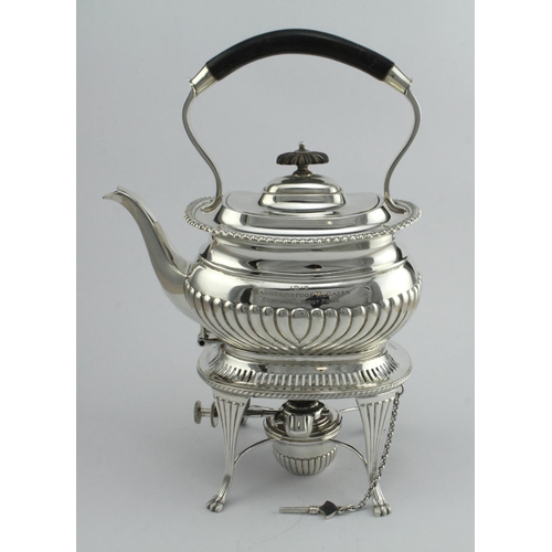 354 - Silver spirit kettle on stand, with burner beneath, embossed decoration, hallmarked 'G&SCoLtd, Londo... 