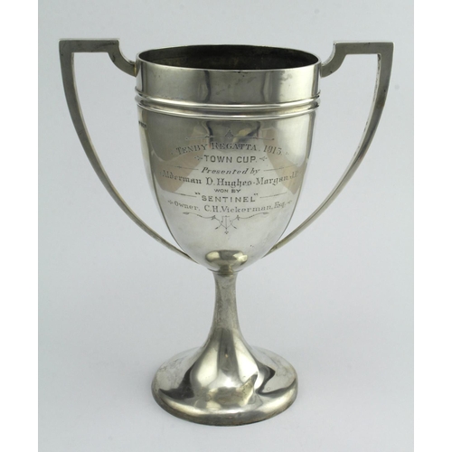 356 - Silver trophy cup with twin handles, hallmarked 'J.D&S, Sheffield 1912' (James Dixon & Sons Ltd), en... 