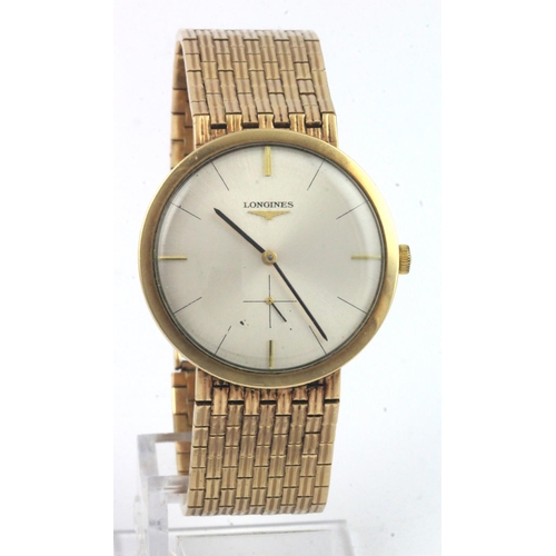 37 - Gents 9ct cased Longines manual wind wristwatch. The cream dial with gilt baton markers, subsidiary ... 