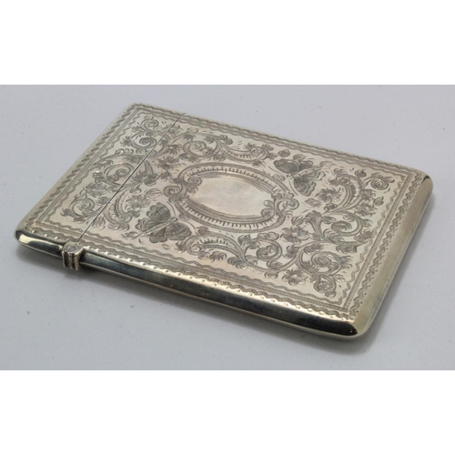 373 - Victorian silver card case, engraved with scrolling foliate decoration (cartouche on both sides blan... 