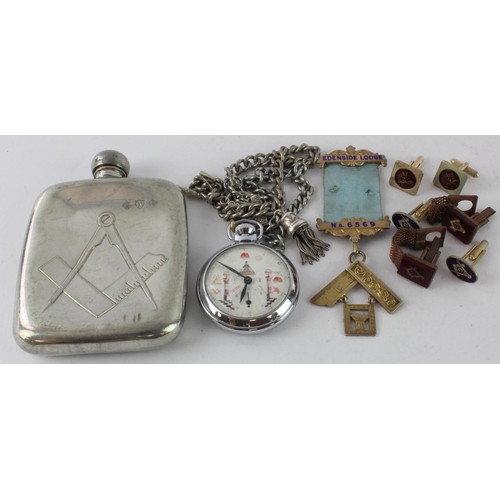 382 - Masonic interest. A collection of various Masonic related items, including pocket watch & chain, hip... 