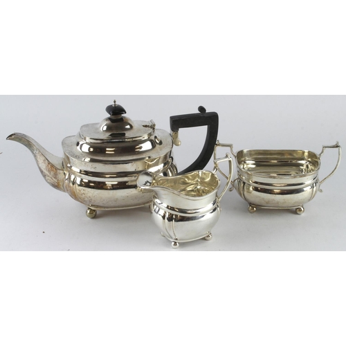 383 - Silver three piece tea set, comprising teapot, sugar bowl & milk jug, hallmarked 'CS&H, London 1931'... 