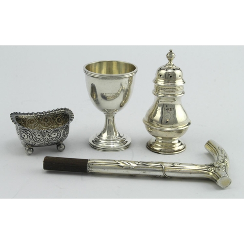 388 - Mixed lot of silver comprising three British hallmarked items: a silver pepper (London 1904), a silv... 