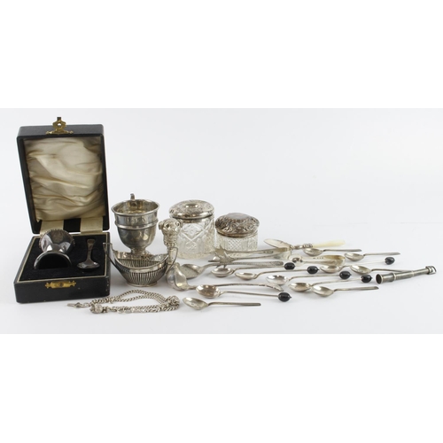 389 - Mixed Silver. A collection of various hallmarked silver, including spoons, tongs, dog seal, cup, etc... 