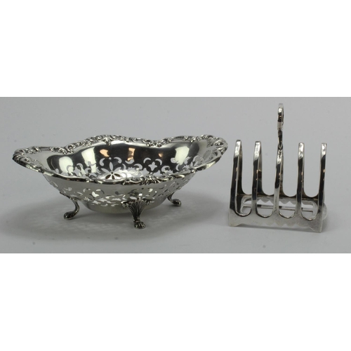 397 - Silver toast rack hallmarked JD&S Sheffield, 1919 and a Canadian silver bonbon dish marked Birks Ste... 