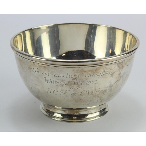 406 - Silver bowl, hallmarked 'DJW, London 1921', engraved to side 'To our excellent chauffeur, Whitsuntid... 