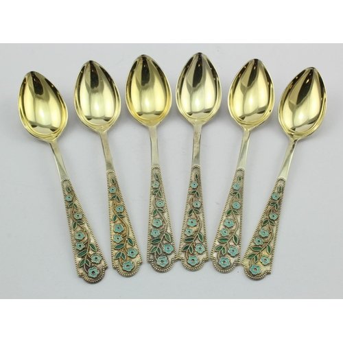 407 - Russian silver gilt & enamel set of six teaspoons all marked with a hammer and sickle star mark and ... 