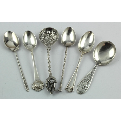 414 - Mixed lot of silver flatware comprising four golf spoons (all British hallmarks, various) plus a Dut... 