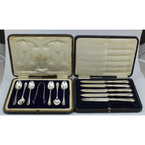 415 - Boxed set of six small teaspoons & a pair of silver sugar tongs  hallmarked JR Sheffield 1911 plus f... 