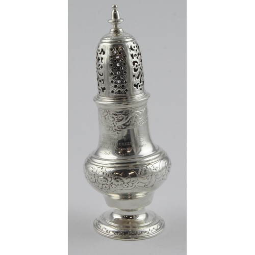 417 - silver ornately decorated sugar sifter trophy, hallmarked 'London 1788', engraved to side 'Tredegar ... 