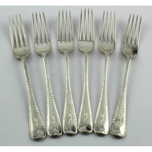 421 - Six feather-edged dessert forks, hallmarked JW & F Thomas London, 1934. Weight of items 8.75oz appro... 