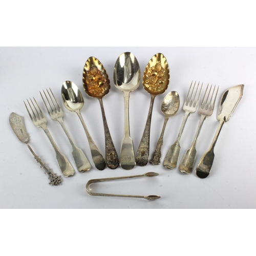 425 - Mixed Silver. A collection of various silver items, including forks, spoons, tongs, berry spoons, et... 