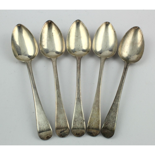 428 - Five matching Georgian silver serving spoons, hallmarked 'Thomas Wallis II, London 1799', length 22.... 