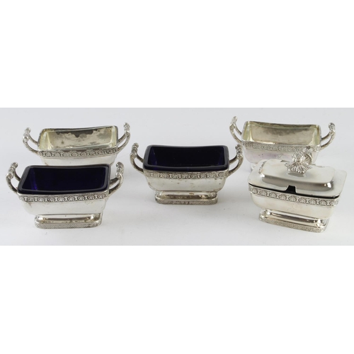 436 - Salts. Four twin handled Georgian silver salts & one cruet, hallmarked 'JE, London 1806 / 1807' (Joh... 