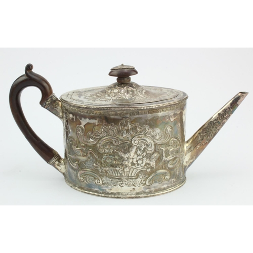 442 - Georgian silver teapot with ornate embossed floral decoration, hallmarked 'CH, London 1786' (Charles... 