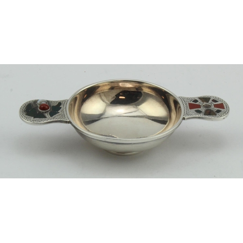 444 - Scottish style small silver Quaich with inset semi-precious stones (mostly agates) in both handles, ... 