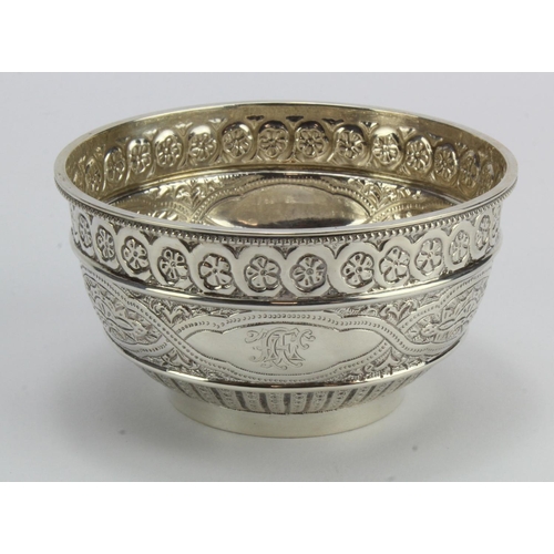 447 - Silver bowl with ornate decoration, hallmarked 'CE, London 1882', monogram engraved to side, diamete... 